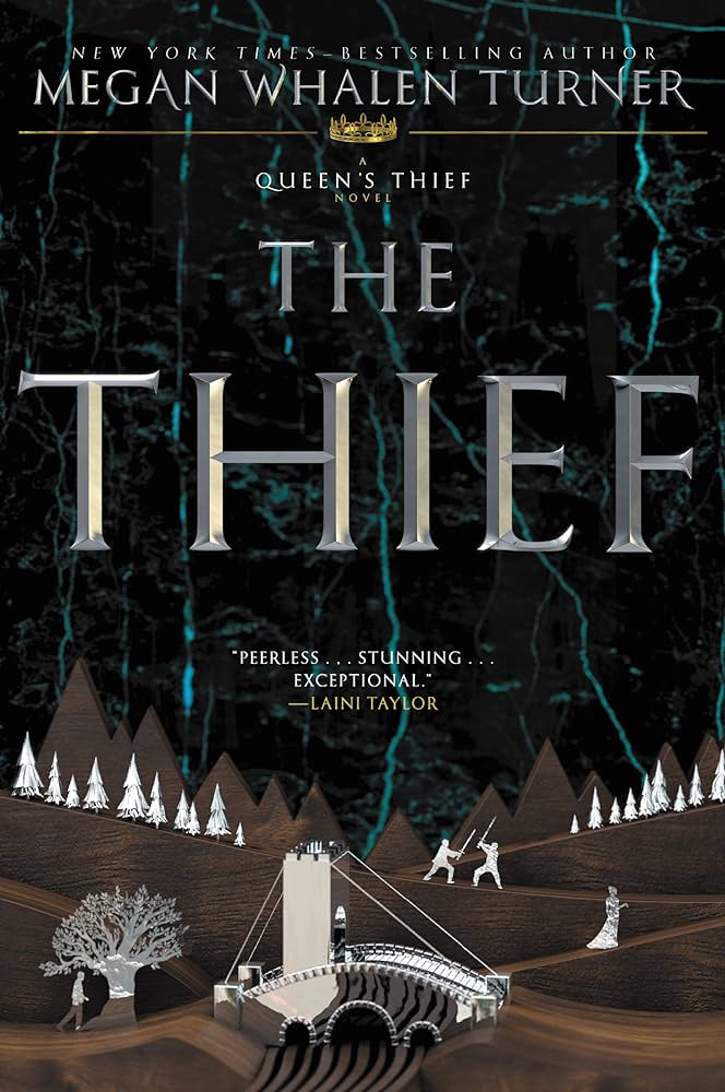 A recent edition cover of The Thief by Megan Whalen Turner with a quote by Laini Taylor that reads, "Peerless... Stunning... Exceptional."